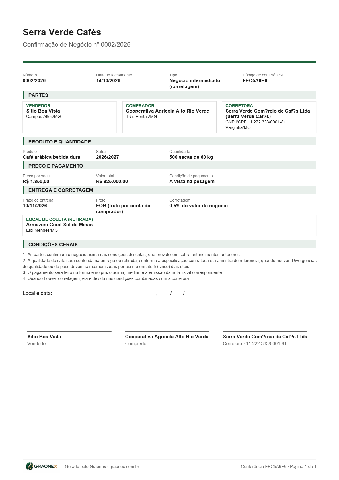 Confirmação de negócio em PDF com vendedor, comprador, corretora, produto, preço, entrega e campos de assinatura