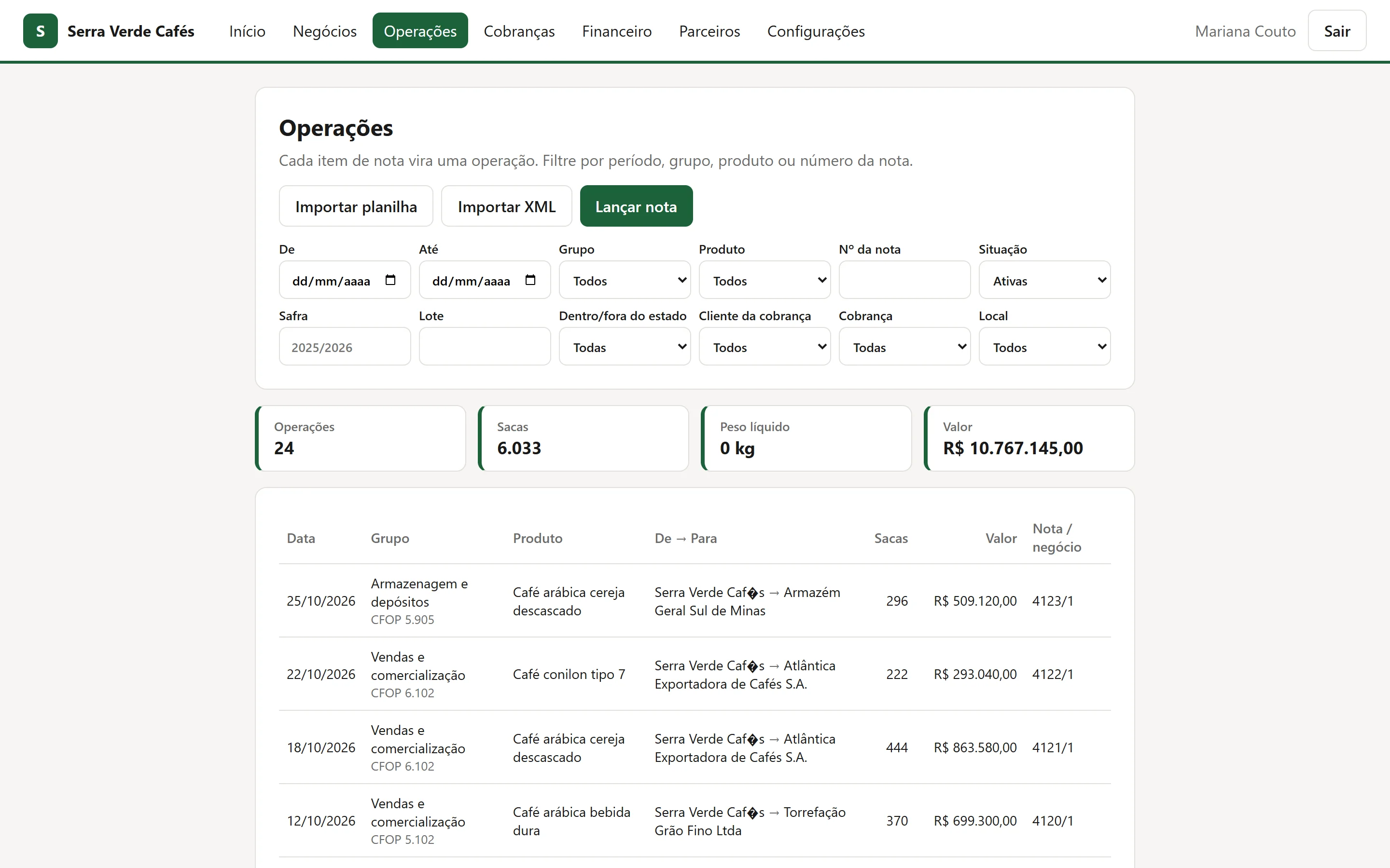 Lista de operações com data, grupo, CFOP, produto, origem e destino, sacas e valor